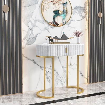 Glam Ovaler Konsolen-Akzenttisch, Sofa-Konsolentisch mit Antik-Finish aus Marmor