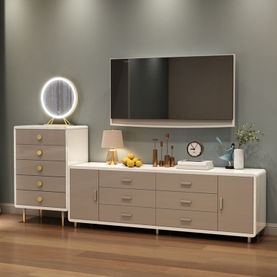 Kommode aus Holz f&uuml;r Schlafzimmer, horizontale Kommode mit Aufbewahrung in Wei&szlig; und Grau