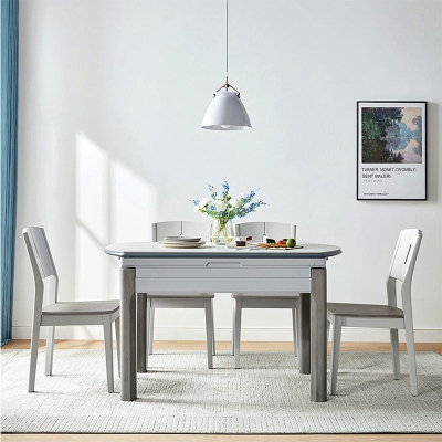 Tavolo da pranzo moderno rettangolare e rotondo bianco con gambe in legno