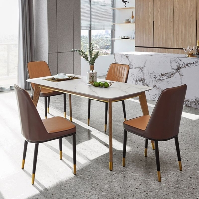 Tavolo da pranzo moderno rettangolare in pietra bianca con 4 piedi in legno
