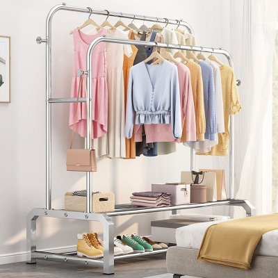 Industrielle H&auml;ngeschienen aus Edelstahl f&uuml;r den Flur, unteres Regal und Kleiderb&uuml;gel mit 2 Haken