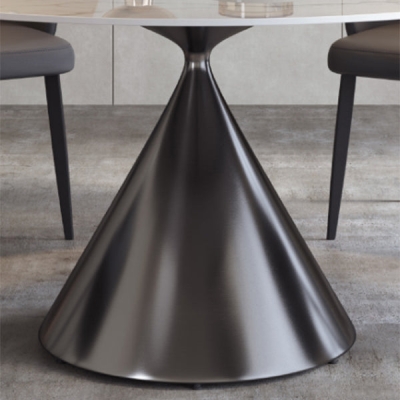 Tavolo da pranzo moderno rotondo con piano in pietra bianca e piedistallo grigio