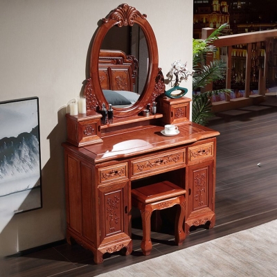 Tavolo da trucco in legno massello rosso e marrone con cassetto e specchio