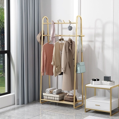 Modernes Eingangsbereich-Set mit Metallrahmen und 5 Haken mit Kleiderb&uuml;gel im unteren Regal