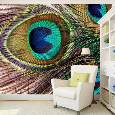 Carta da parati fantasia Decorazione murale per soggiorno con motivo piuma di pavone