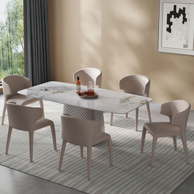 Tavolo da pranzo moderno con piano in pietra rettangolare bianco e piedistallo in argento