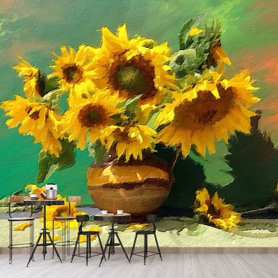 Carta da parati con illustrazione di girasoli e muffa, decorazione orizzontale per soggiorno
