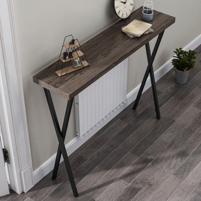 Mid-Century-Konsolensofatisch aus massivem Holz, X-Basis-Konsolentisch, 31,49" H