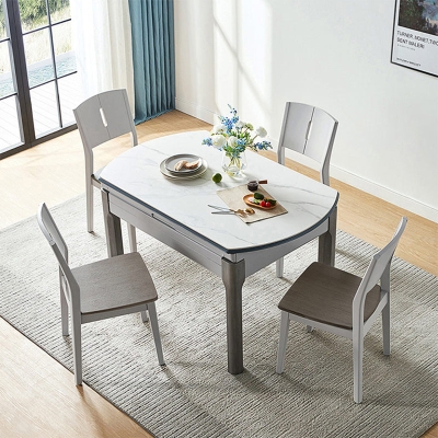 Tavolo da pranzo moderno rettangolare e rotondo bianco con gambe in legno