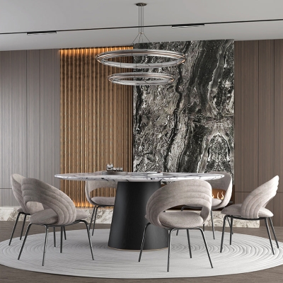 Tavolo da pranzo rotondo moderno in marmo grigio con piedistallo in legno