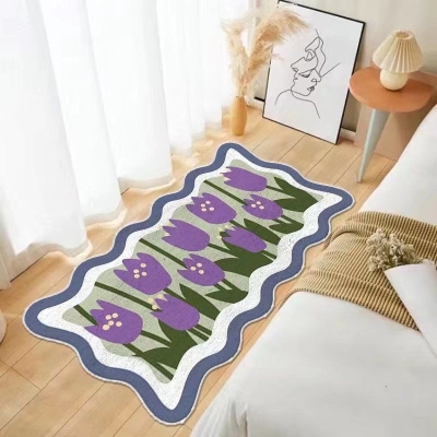 Tappeto resistente alle macchie a forma di ellisse con fiori di cartone animato per la decorazione domestica