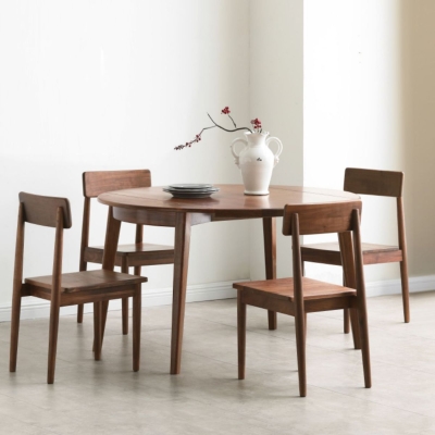Tavolo da pranzo moderno rotondo a scomparsa con piano in noce e 4 gambe marroni