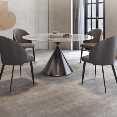 Tavolo da pranzo moderno rotondo con piano in pietra bianca e piedistallo grigio
