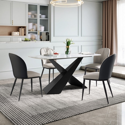 Tavolo da pranzo moderno rettangolare in pietra bianca con base a X in acciaio