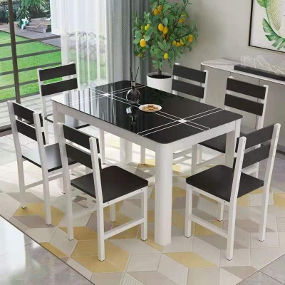 Tavolo da pranzo moderno rettangolare in vetro nero con 4 piedi in acciaio