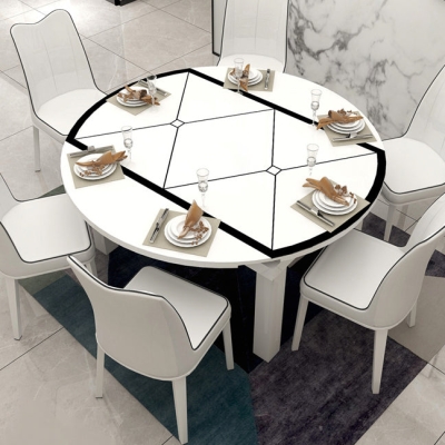 Tavolo da pranzo moderno allungabile rotondo con piano in vetro e gambe in legno massello