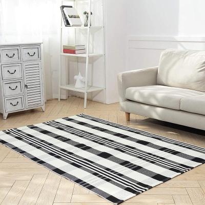 Elegante tappeto da salotto con motivo scozzese, tappeto per interni in misto cotone