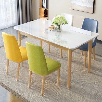 Tavolo da pranzo moderno rettangolare in vetro bianco con gambe in legno massello