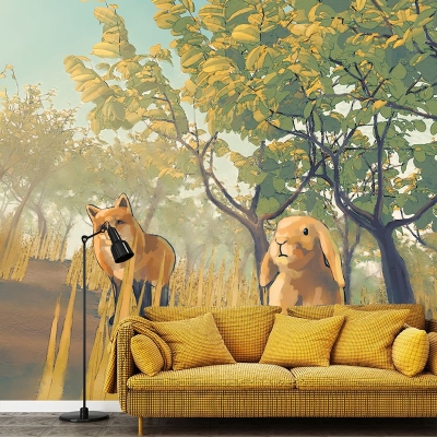 Illustrazione murale con illustrazione di coniglio della foresta impermeabile per la decorazione di soggiorno e camera da letto
