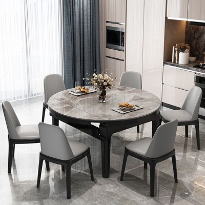 Tavolo da pranzo allungabile moderno rotondo in pietra grigia con 4 gambe nere in legno di gomma