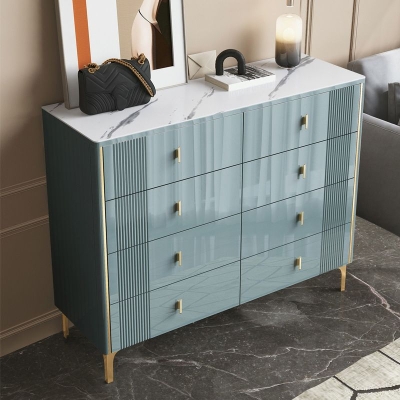 Glamour&ouml;se horizontale Aufbewahrungstruhe aus Stein f&uuml;r Schlafzimmer, Truhe mit Metallbeinen