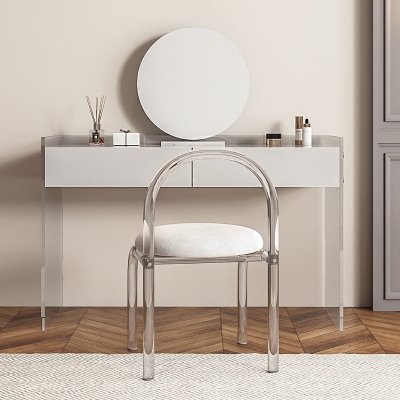 Piano tavolo in ardesia bianca acrilica stile Glam, base trasparente con cassettiera a 2 cassetti