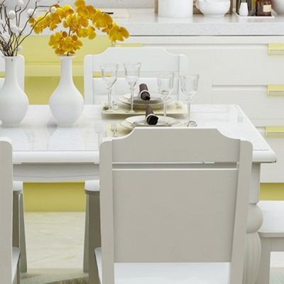 Tavolo da pranzo moderno rettangolare bianco con piano in vetro e gambe in legno massello