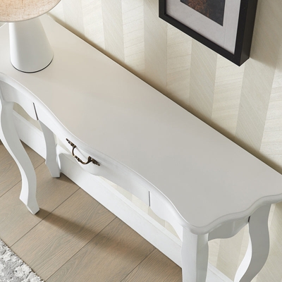 Consolle moderna Mid-Century a mezzaluna con cassetto singolo in marrone/bianco