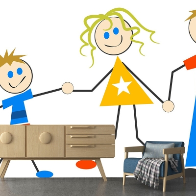 Semplice illustrazione murale di personaggi dei cartoni animati per la decorazione murale della cameretta dei bambini