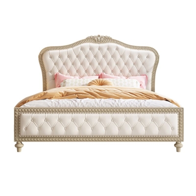 Letto queen size vittoriano in legno con struttura trapuntata standard imbottita in beige