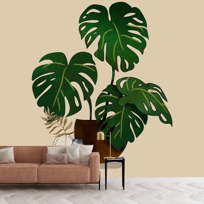 Carta da parati ambientale con illustrazione di piante tropicali per la camera da letto
