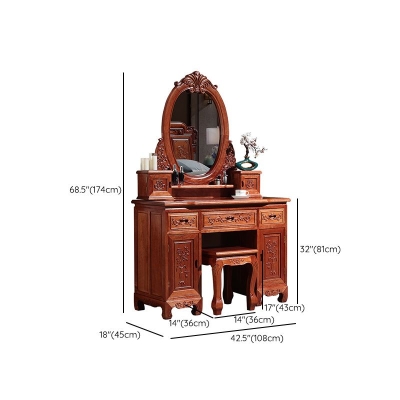 Tavolo da trucco in legno massello rosso e marrone con cassetto e specchio