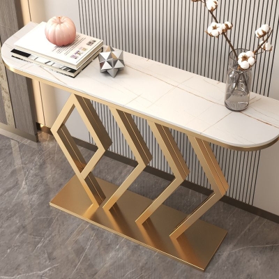 Tavolino consolle Glam Half Moon, tavolino da divano con finitura anticata