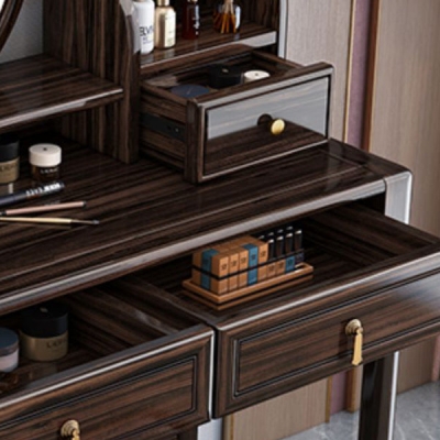 Set da toeletta in legno massello con set di sgabelli Com&ograve; marrone con 3 cassetti e specchio