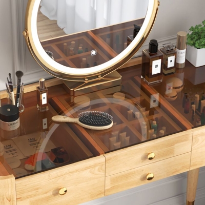 Toletta moderna con cassetti, cassettiera in legno massello, set da toeletta con specchio