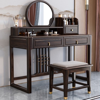 Set da toeletta in legno massello con set di sgabelli Com&ograve; marrone con 3 cassetti e specchio