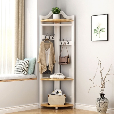 Moderner Kleiderb&uuml;gel aus Kiefernholz mit Haken, Aufbewahrungsregalen, Garderobe im Wohnzimmer