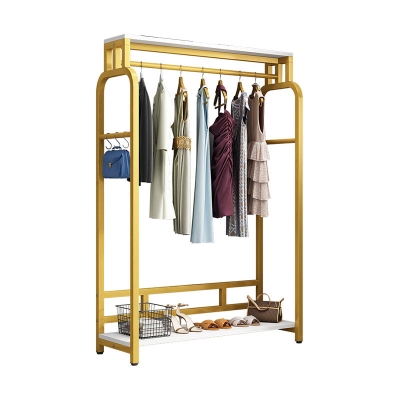 Modernes Set aus Metall f&uuml;r den Eingangsbereich, Kleiderstange und 2 Kleiderb&uuml;gel mit Aufbewahrungsregalen