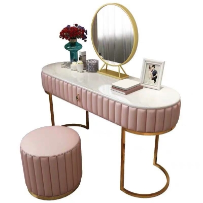 Tavolo da trucco a 1 cassetto con specchio e sgabello Lussuosa cassettiera in pietra/pelle