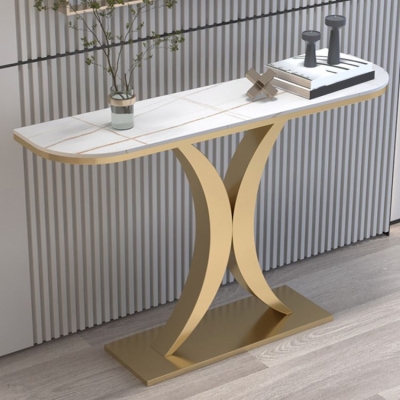 Halbmond-Akzenttisch aus Stein, 1 Regal, 31,5" hoher Beistelltisch mit abstraktem Sockel