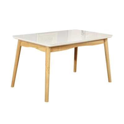 Tavolo da pranzo moderno rettangolare bianco con piano in vetro e gambe
