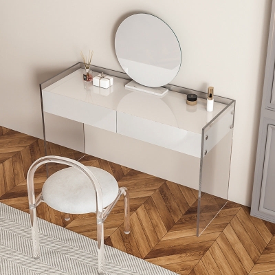 Piano tavolo in ardesia bianca acrilica stile Glam, base trasparente con cassettiera a 2 cassetti