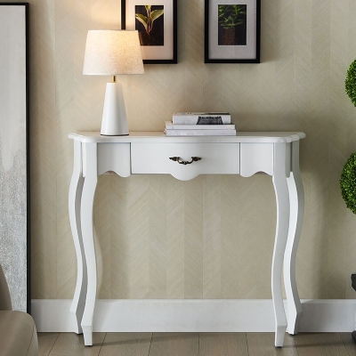 Consolle moderna Mid-Century a mezzaluna con cassetto singolo in marrone/bianco