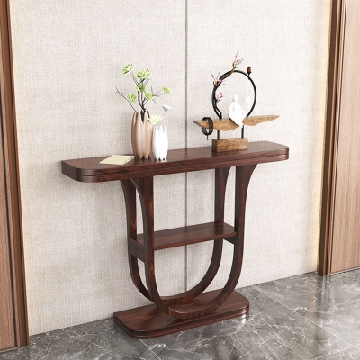 Halbmond-Akzenttisch aus massivem Holz, 2 Regale, 33,46" hoher Konsolentisch