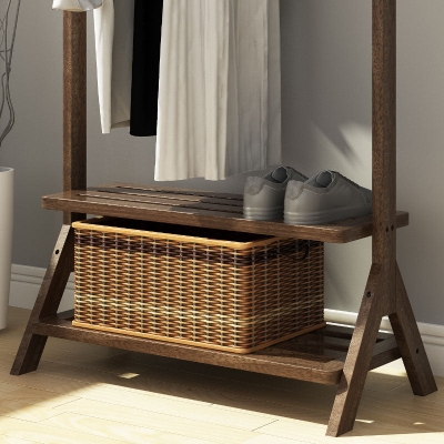 Moderner Kleiderb&uuml;gel mit zwei Regalen, Massivholz-Garderobe f&uuml;r das Wohnzimmer