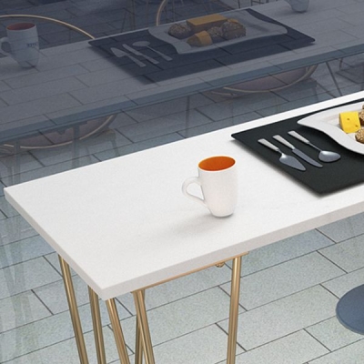 Wei&szlig;er rechteckiger Kneipentisch aus Kunstmarmor, Barh&ouml;he, Cocktailtisch mit Metallsockel