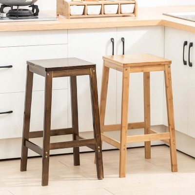 Contemporary Wood Stool Backrest Backless Bamboo Counter Stool with 4 Legs