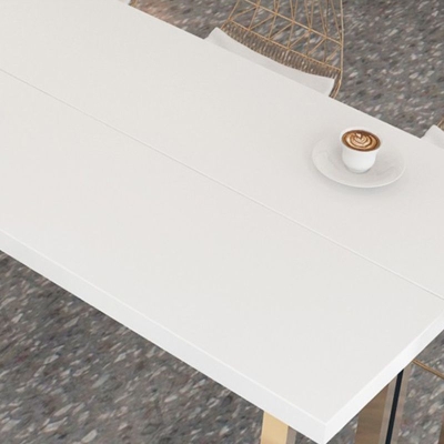 Bar-Esstisch aus Kiefernholz. Glamour&ouml;ser rechteckiger Bartisch mit doppeltem Sockel f&uuml;r Milk Tea Shop