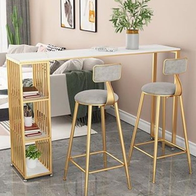 Glamour&ouml;ser rechteckiger Kneipentisch f&uuml;r Wohnzimmer, Bartisch mit gl&auml;nzend wei&szlig;er Steinplatte und Stauraum