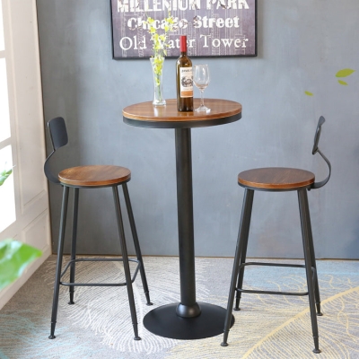 Industrieller brauner Bar-Esstisch, Bistrotisch aus massivem Holz mit Metallgestell